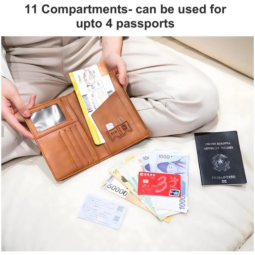 Passport Cover Case with Zip, 2 Passport Slots, 4 Credit Card, Boarding Pass, 2 Sim Slots, 1 Zip Money Slot Oragniser Pouch for Travel, Pocket Size - 17 Cm x 11 Cm PU Leather - Brown
