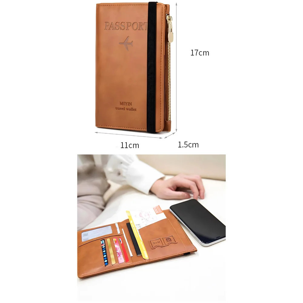 Passport Cover Case with Zip, 2 Passport Slots, 4 Credit Card, Boarding Pass, 2 Sim Slots, 1 Zip Money Slot Oragniser Pouch for Travel, Pocket Size - 17 Cm x 11 Cm PU Leather - Brown