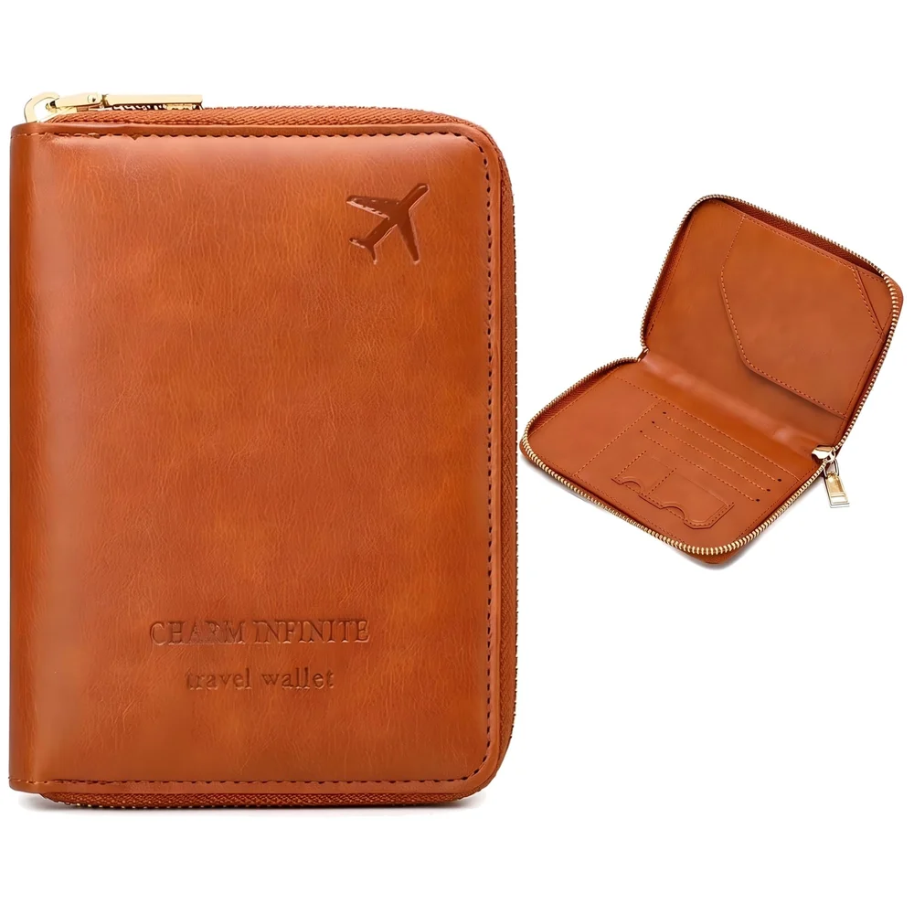 Passport Cover Case with Zip, 2 Passport Slots, 3 Credit Card, Boarding Pass, 2 Sim Slot Oragniser Pouch for Travel, Pocket Size - 15 Cm x 11 Cm PU Leather - Brown