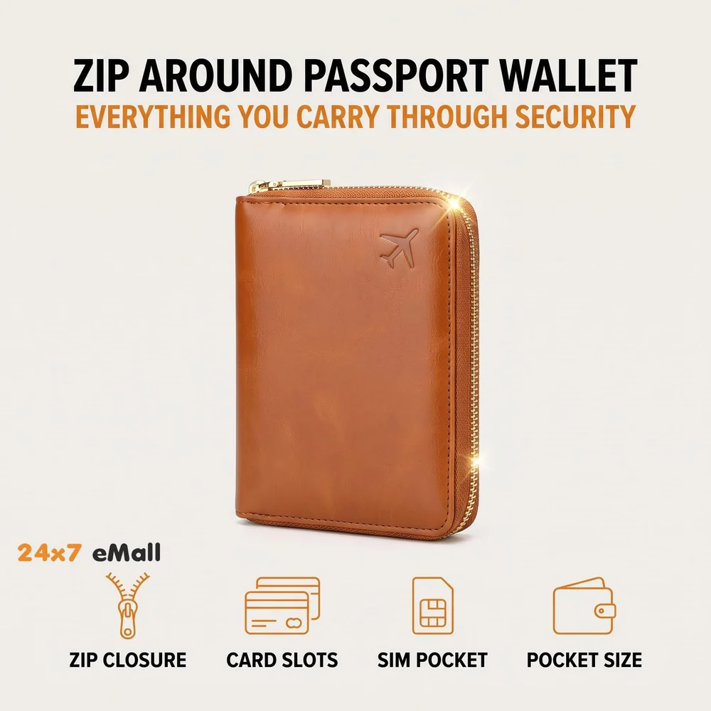 Passport Cover Case with Zip, 2 Passport Slots, 3 Credit Card, Boarding Pass, 2 Sim Slot Oragniser Pouch for Travel, Pocket Size - 15 Cm x 11 Cm PU Leather - Brown