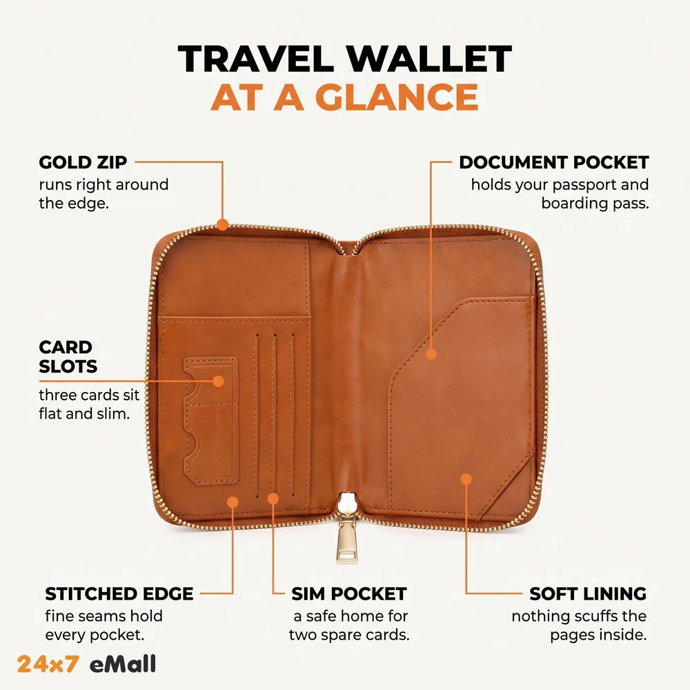 Passport Cover Case with Zip, 2 Passport Slots, 3 Credit Card, Boarding Pass, 2 Sim Slot Oragniser Pouch for Travel, Pocket Size - 15 Cm x 11 Cm PU Leather - Brown