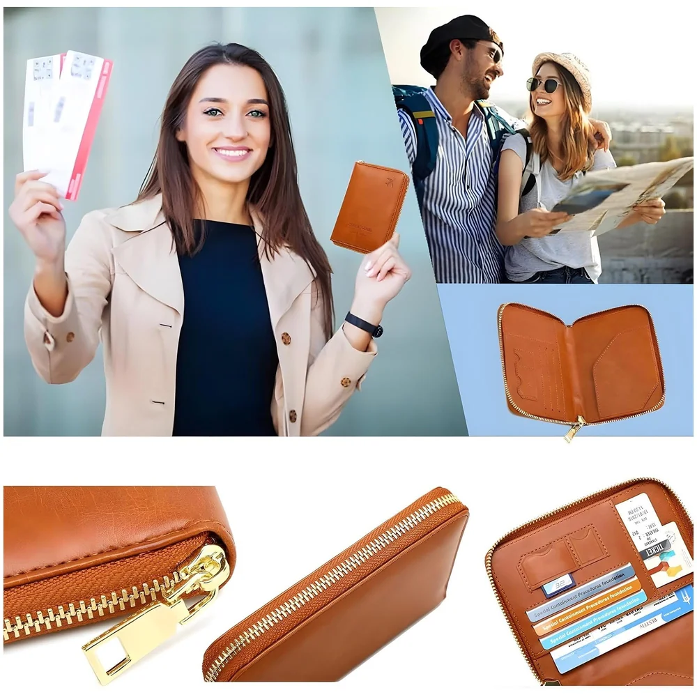 Passport Cover Case with Zip, 2 Passport Slots, 3 Credit Card, Boarding Pass, 2 Sim Slot Oragniser Pouch for Travel, Pocket Size - 15 Cm x 11 Cm PU Leather - Brown