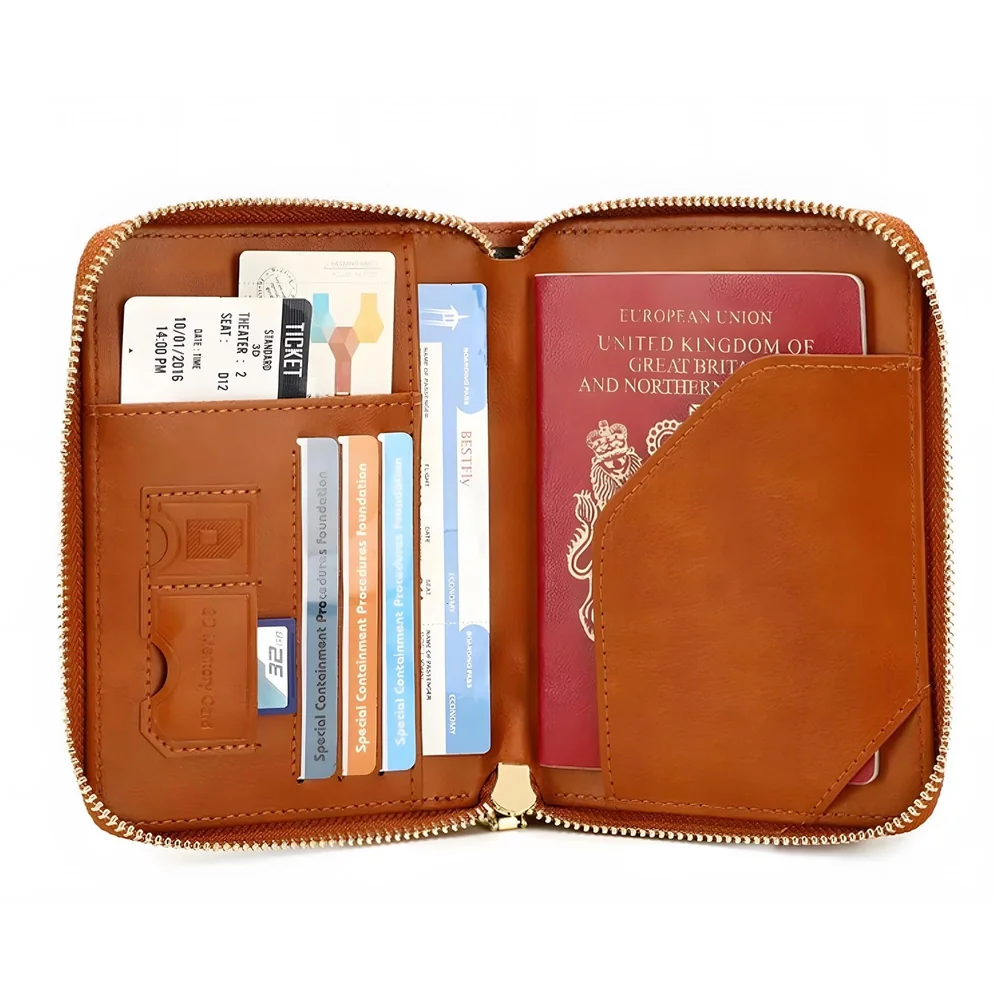 Passport Cover Case with Zip, 2 Passport Slots, 3 Credit Card, Boarding Pass, 2 Sim Slot Oragniser Pouch for Travel, Pocket Size - 15 Cm x 11 Cm PU Leather - Brown
