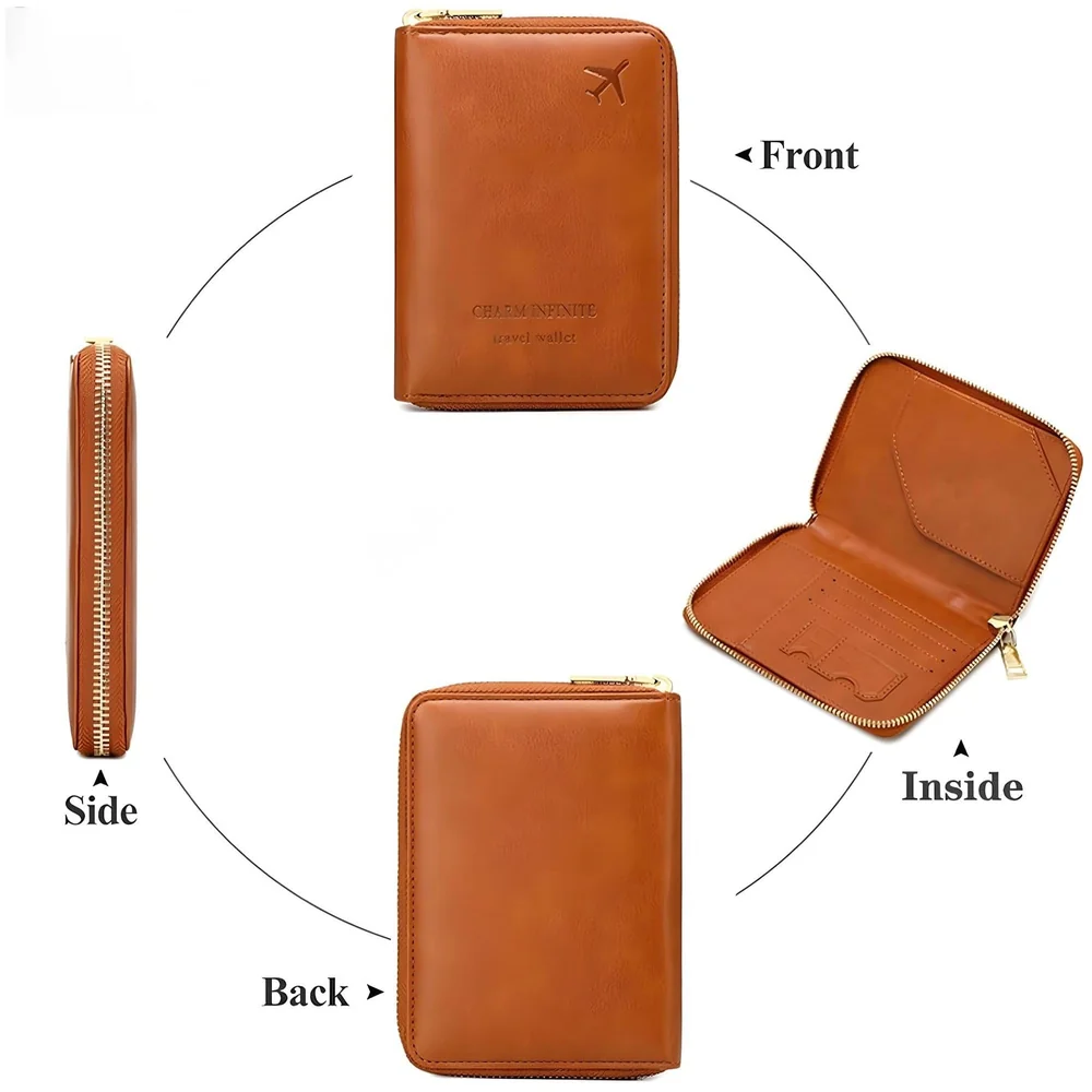 Passport Cover Case with Zip, 2 Passport Slots, 3 Credit Card, Boarding Pass, 2 Sim Slot Oragniser Pouch for Travel, Pocket Size - 15 Cm x 11 Cm PU Leather - Brown