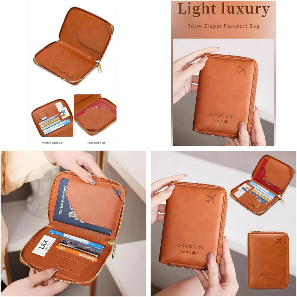 Passport Cover Case with Zip, 2 Passport Slots, 3 Credit Card, Boarding Pass, 2 Sim Slot Oragniser Pouch for Travel, Pocket Size - 15 Cm x 11 Cm PU Leather - Brown