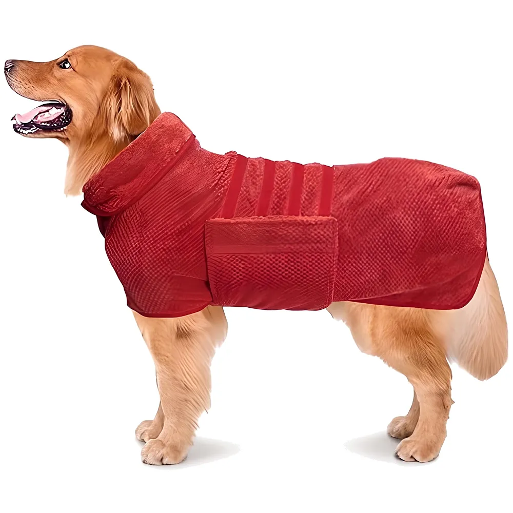 Pet Bath Gown Dog Drying Coat, Dog Bath Towel Robe, Pet Microfibre Super Absorbent, Designed Puppy Fit for Large Dogs – Red, 30 Inch Premium