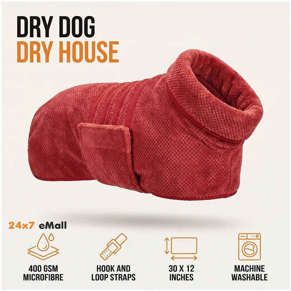 Pet Bath Gown Dog Drying Coat, Dog Bath Towel Robe, Pet Microfibre Super Absorbent, Designed Puppy Fit for Large Dogs – Red, 30 Inch Premium
