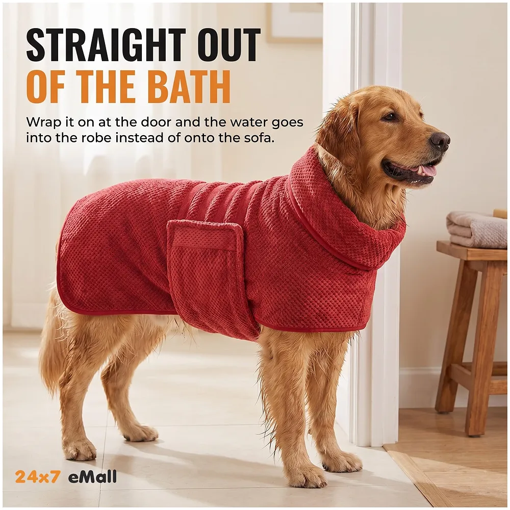 Pet Bath Gown Dog Drying Coat, Dog Bath Towel Robe, Pet Microfibre Super Absorbent, Designed Puppy Fit for Large Dogs – Red, 30 Inch Premium