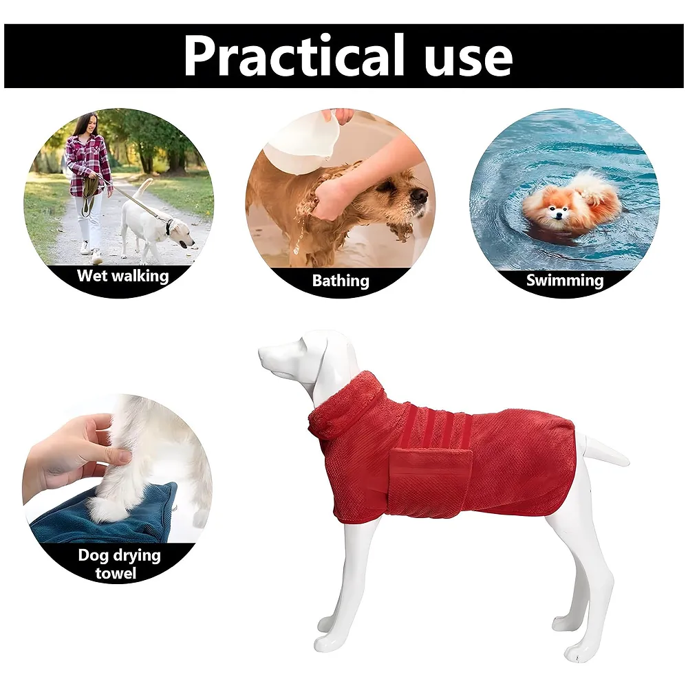 Pet Bath Gown Dog Drying Coat, Dog Bath Towel Robe, Pet Microfibre Super Absorbent, Designed Puppy Fit for Large Dogs – Red, 30 Inch Premium