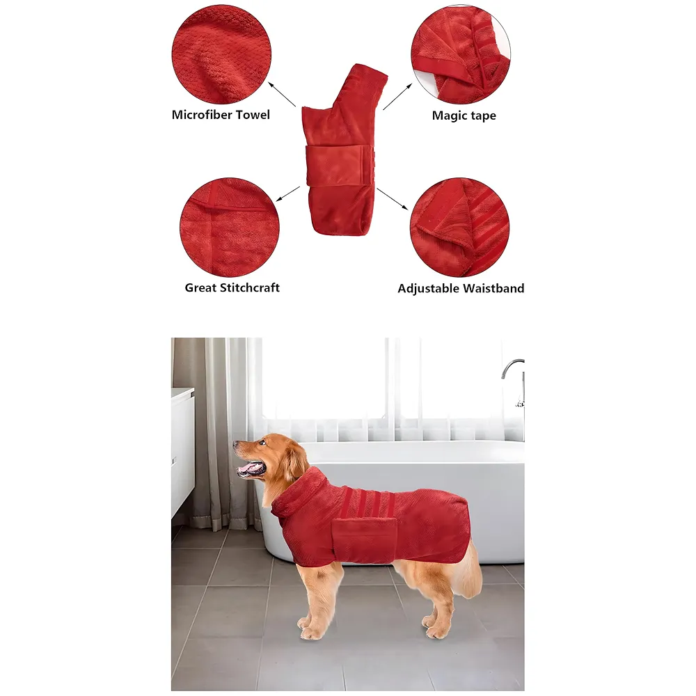 Pet Bath Gown Dog Drying Coat, Dog Bath Towel Robe, Pet Microfibre Super Absorbent, Designed Puppy Fit for Large Dogs – Red, 30 Inch Premium