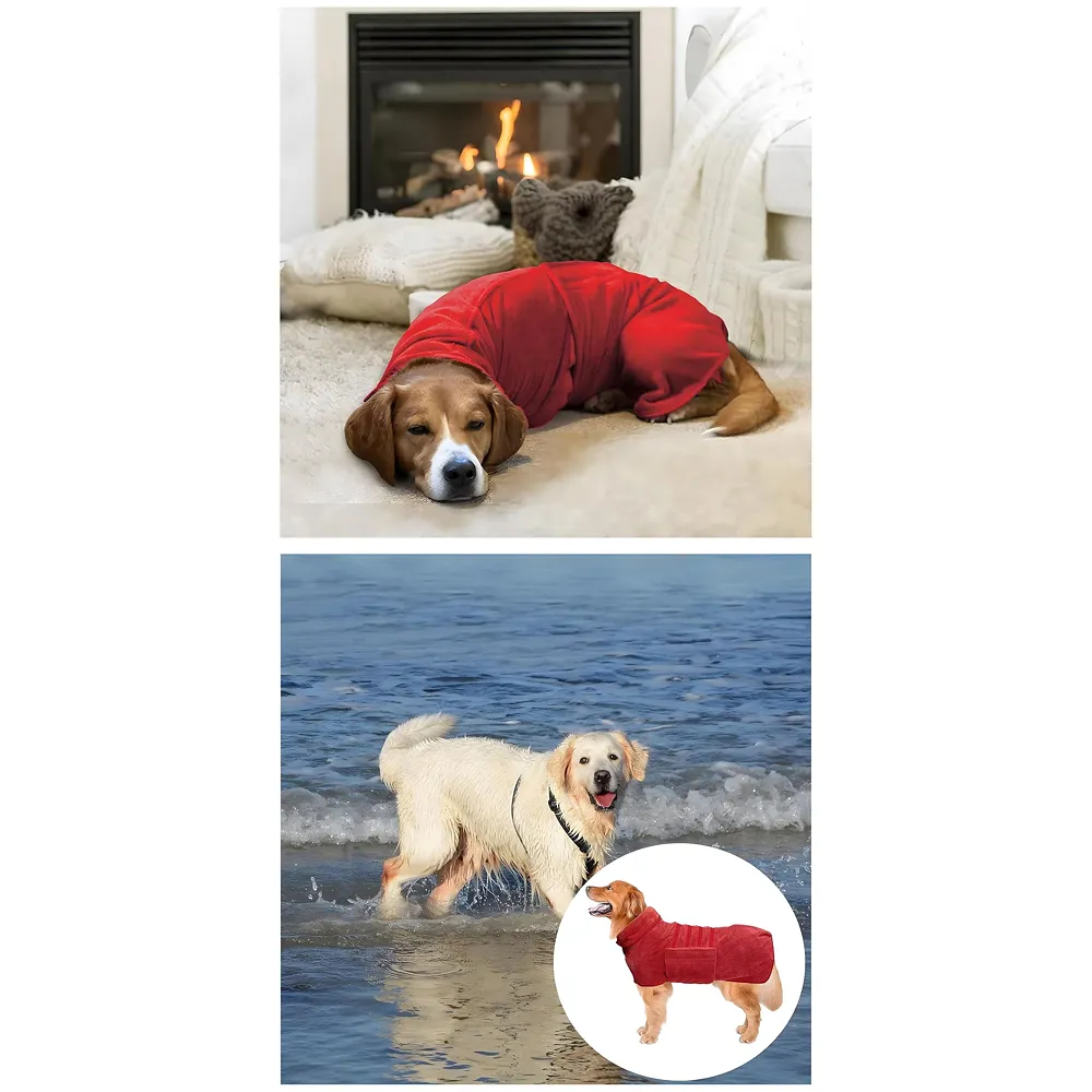 Pet Bath Gown Dog Drying Coat, Dog Bath Towel Robe, Pet Microfibre Super Absorbent, Designed Puppy Fit for Large Dogs – Red, 30 Inch Premium