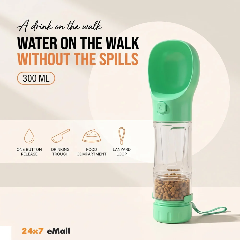 Leak-Free, Portable Water Bottles for Dogs Water Dispenser with Feeding and Drinking Features for Dogs Lightweight Canine Pet Water Dispenser for Travel and Walking, 300ml