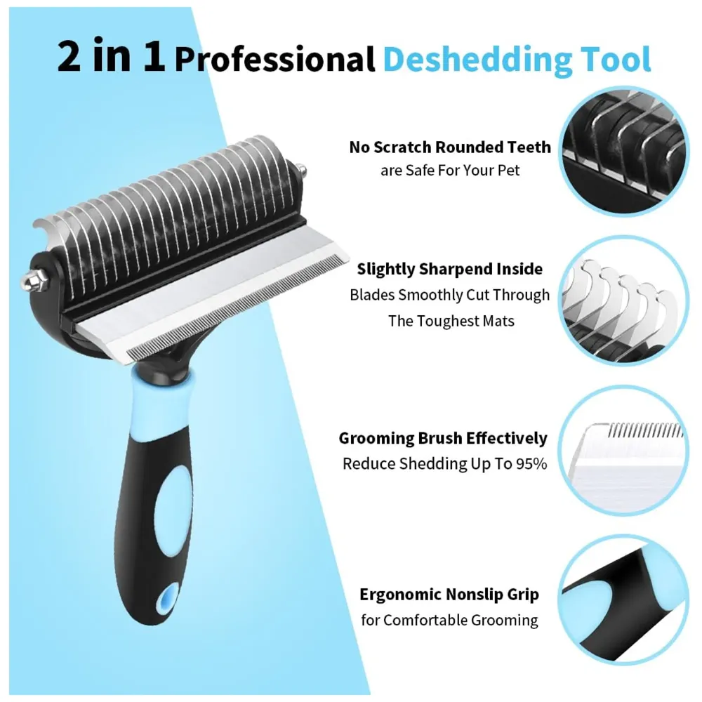 Pet Grooming Brush, 2 in 1 Deshedding Tool & Undercoat Rake Dematting Comb for Removing Mats & Tangles, Reduces Shedding up to 95%, Ideal For All Hair Types And Breeds