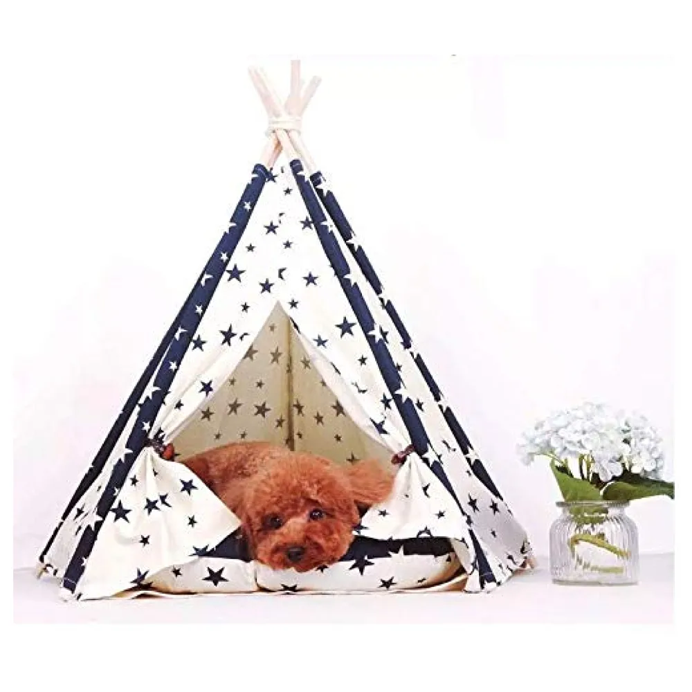 Stars Pet Tent House Canopy 60 x 50 cm Cotton Canvas Cushion Bed