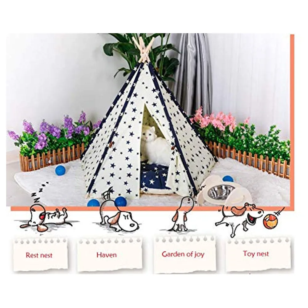 Stars Pet Tent House Canopy 60 x 50 cm Cotton Canvas Cushion Bed