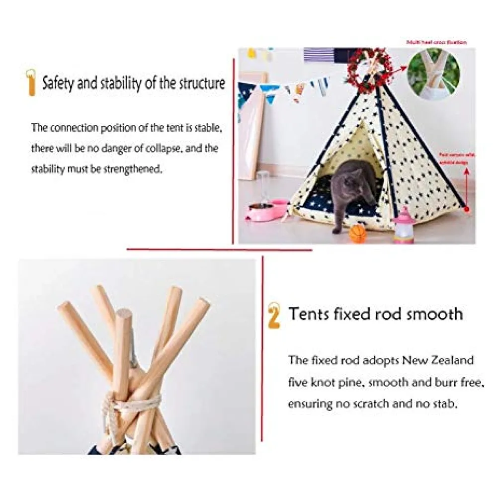 Stars Pet Tent House Canopy 60 x 50 cm Cotton Canvas Cushion Bed