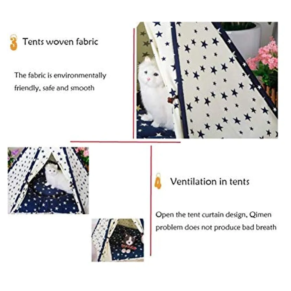 Stars Pet Tent House Canopy 60 x 50 cm Cotton Canvas Cushion Bed