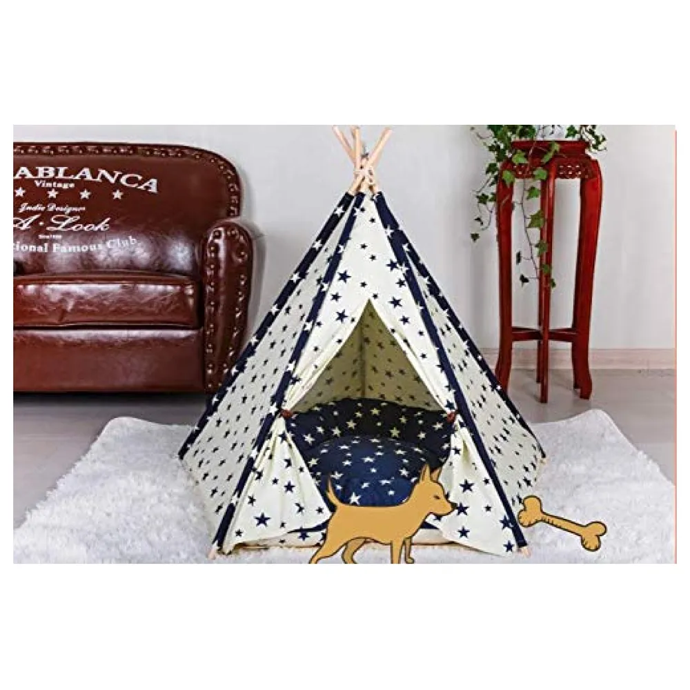 Stars Pet Tent House Canopy 60 x 50 cm Cotton Canvas Cushion Bed