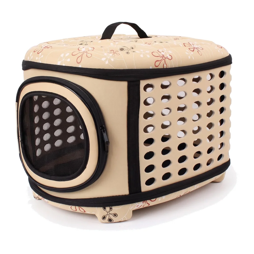 Portable Breathable EVA Car Soft Fabric Pet Carrier Folding Outdoor Storage Puppy Travel Transport Bag Pack for Dog Cat 43 x 38 x 30 cm (Beige)