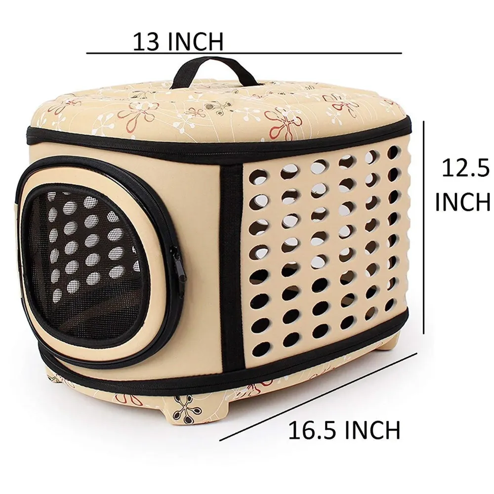 Portable Breathable EVA Car Soft Fabric Pet Carrier Folding Outdoor Storage Puppy Travel Transport Bag Pack for Dog Cat 43 x 38 x 30 cm (Beige)