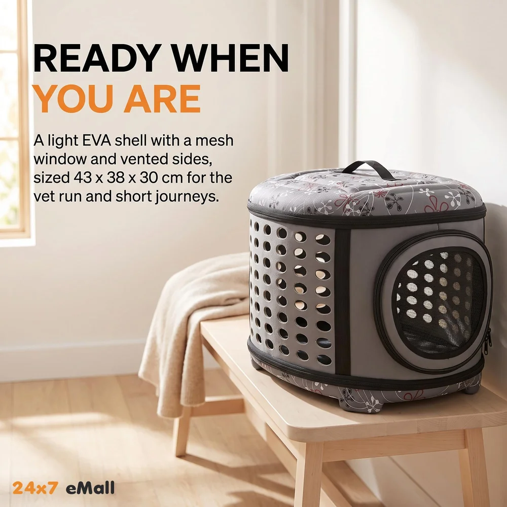 Portable Breathable EVA Car Soft Fabric Pet Carrier Folding Outdoor Storage Puppy Travel Transport Bag Pack for Dog Cat 43 x 38 x 30 cm (Charcoal)