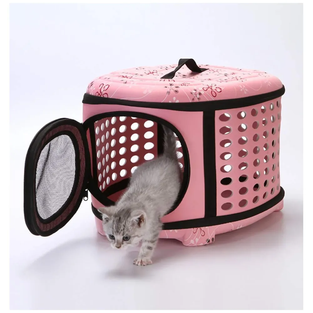 Portable Breathable EVA Car Soft Fabric Pet Carrier Folding Outdoor Storage Puppy Travel Transport Bag Pack for Dog Cat 43 x 38 x 30 cm (Pink)