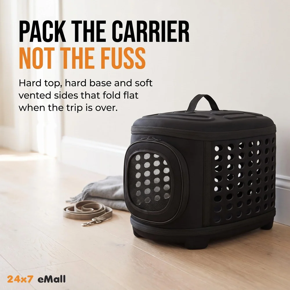 Portable Breathable EVA Car Soft Fabric Pet Carrier Folding Outdoor Storage Puppy Travel Transport Bag Pack for Dog Cat 43 x 38 x 30 cm (Black)