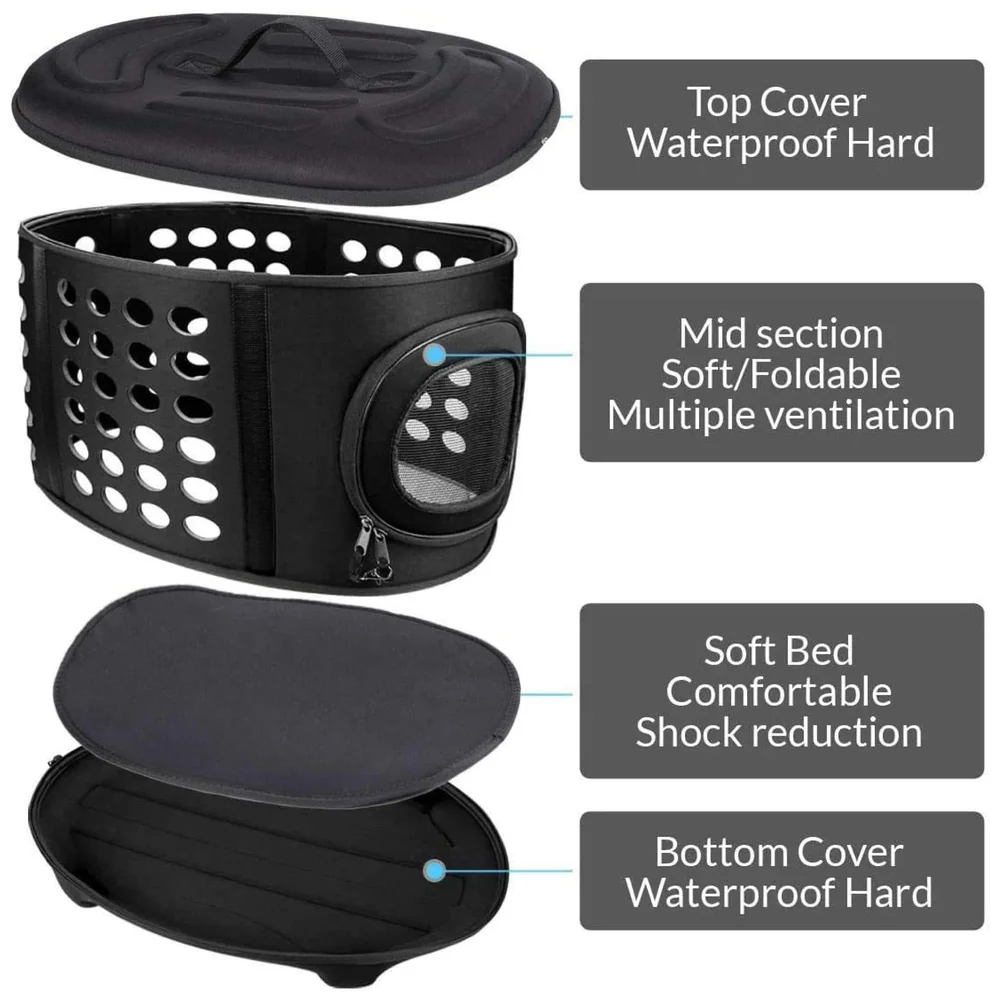 Portable Breathable EVA Car Soft Fabric Pet Carrier Folding Outdoor Storage Puppy Travel Transport Bag Pack for Dog Cat 43 x 38 x 30 cm (Black)