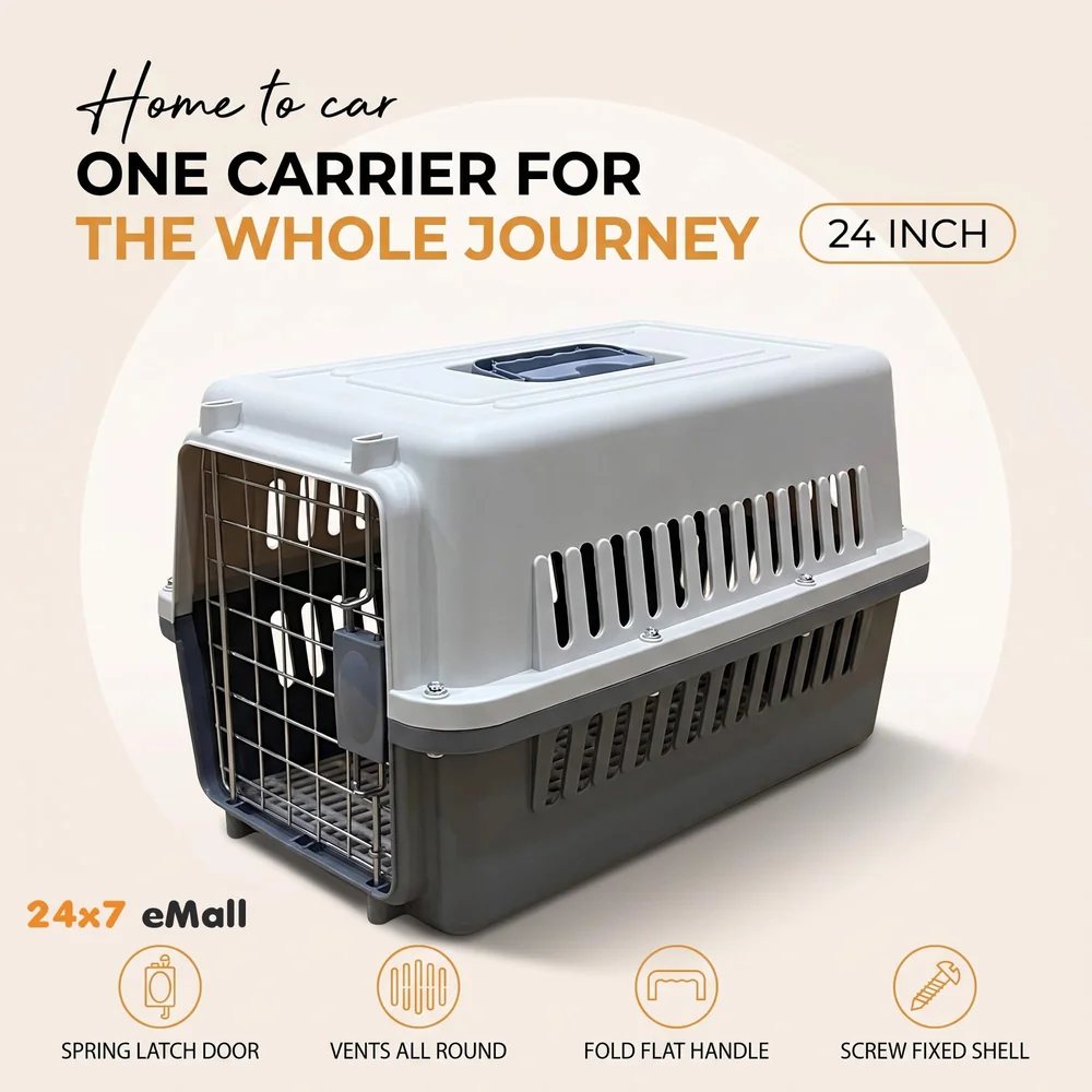 24 Inch Pet Travel Carrier Dog Cat Crate Plastic Handle Hinged Door Folding Collapsible Kennel Transport Box Crate Pet Cage (Big - 24 x 14.5 x 14.5 inch)