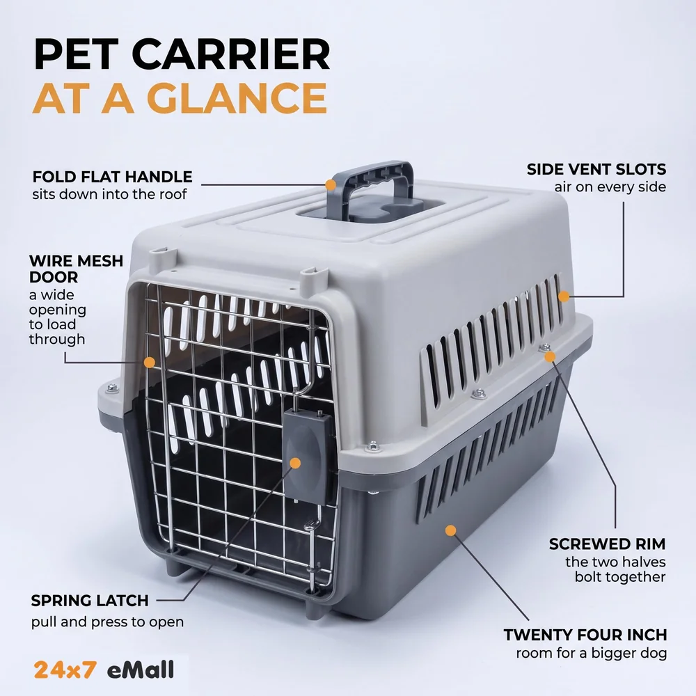 24 Inch Pet Travel Carrier Dog Cat Crate Plastic Handle Hinged Door Folding Collapsible Kennel Transport Box Crate Pet Cage (Big - 24 x 14.5 x 14.5 inch)