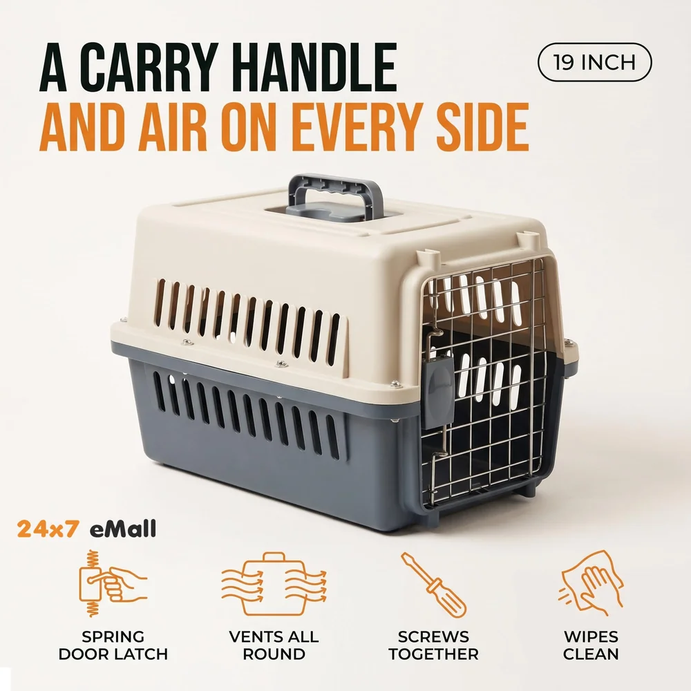 19 Inch Pet Travel Carrier Dog Cat Crate Plastic Handle Hinged Door Folding Collapsible Kennel Transport Box Crate Pet Cage (Regular - 19.5 x 13 x 12.5 Inch)