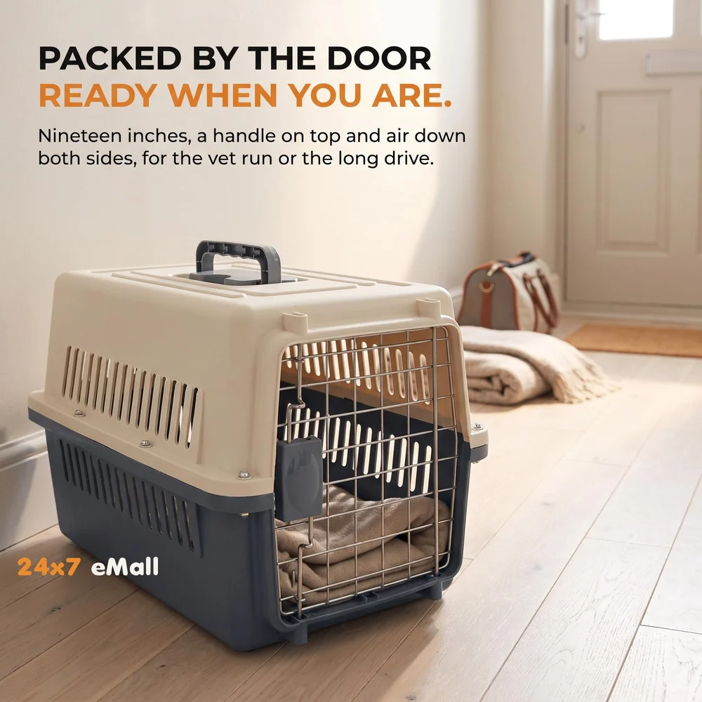 19 Inch Pet Travel Carrier Dog Cat Crate Plastic Handle Hinged Door Folding Collapsible Kennel Transport Box Crate Pet Cage (Regular - 19.5 x 13 x 12.5 Inch)