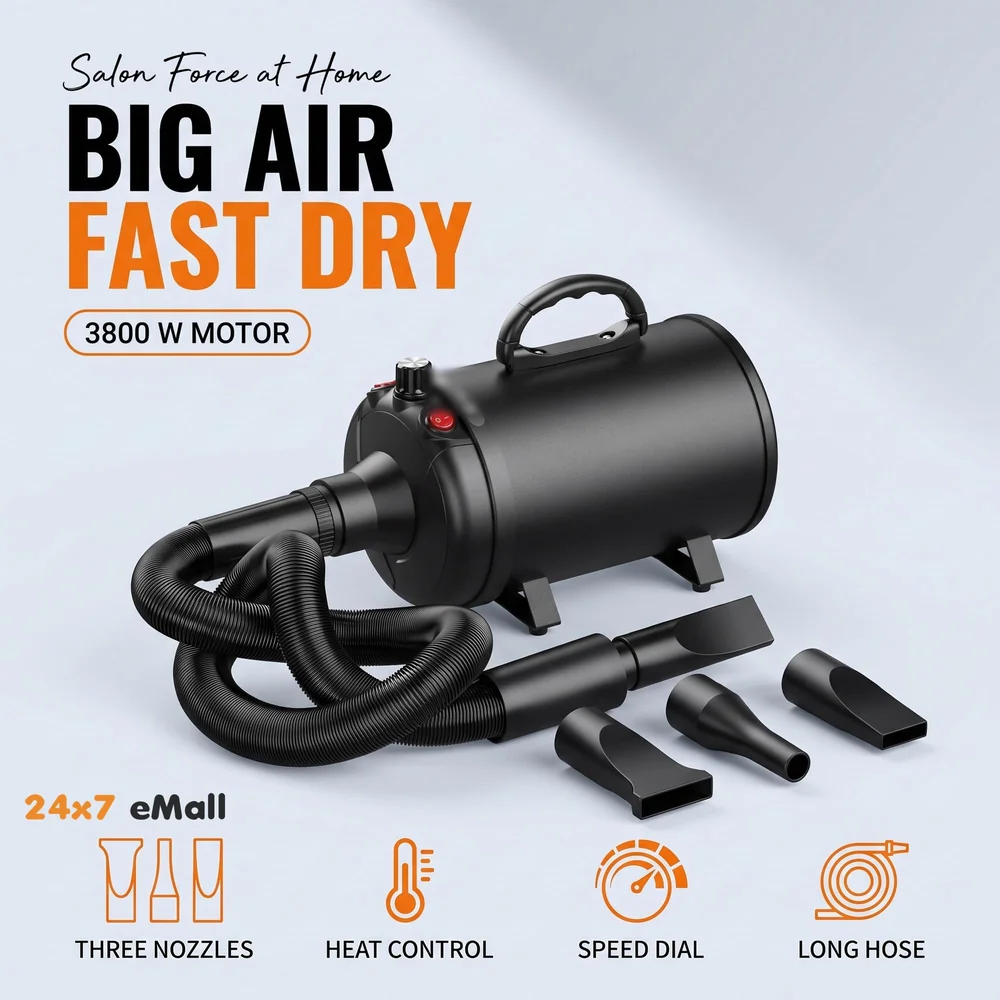 Pet Hair Dryer, 5.2HP/ 3800W High Velocity Pet Blow Dryer with Heater for Grooming, Speed Temperature Adjustable Dog Blower Grooming Dryer with 3 Nozzles For Dogs And Cats.