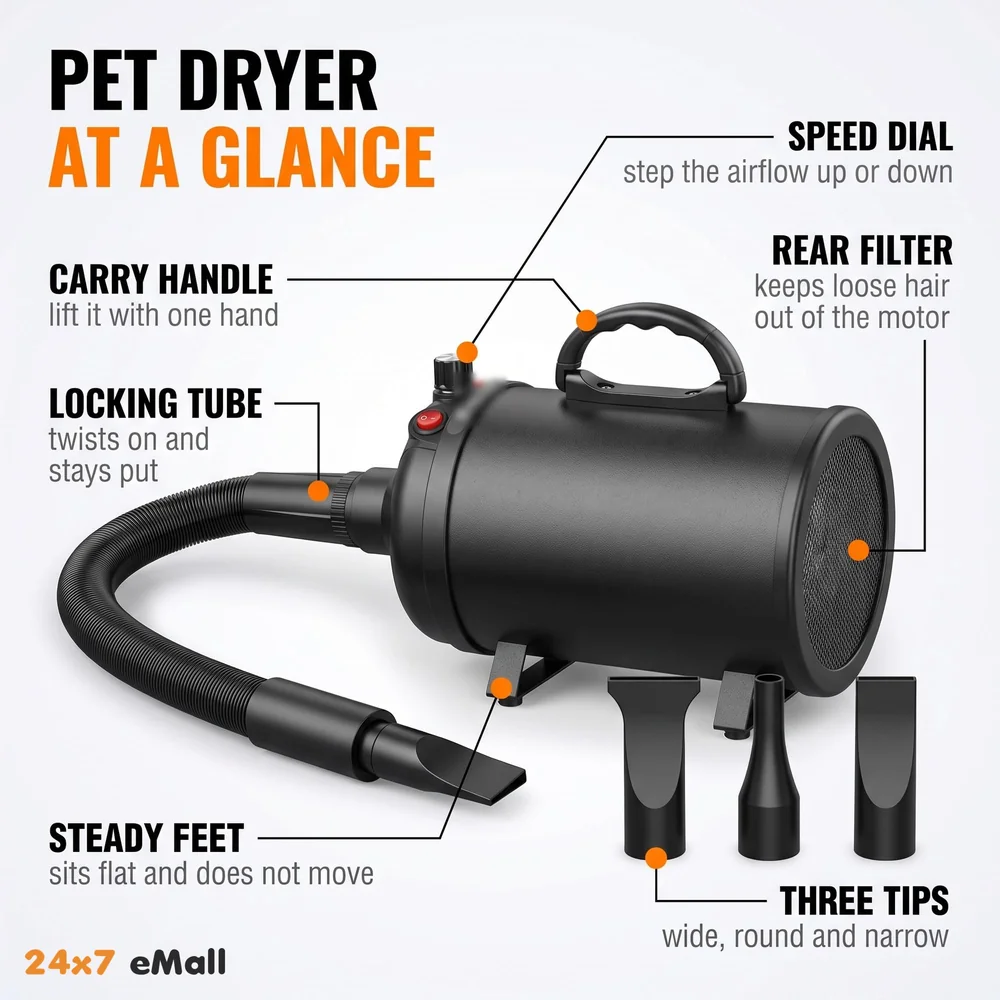 Pet Hair Dryer, 5.2HP/ 3800W High Velocity Pet Blow Dryer with Heater for Grooming, Speed Temperature Adjustable Dog Blower Grooming Dryer with 3 Nozzles For Dogs And Cats.