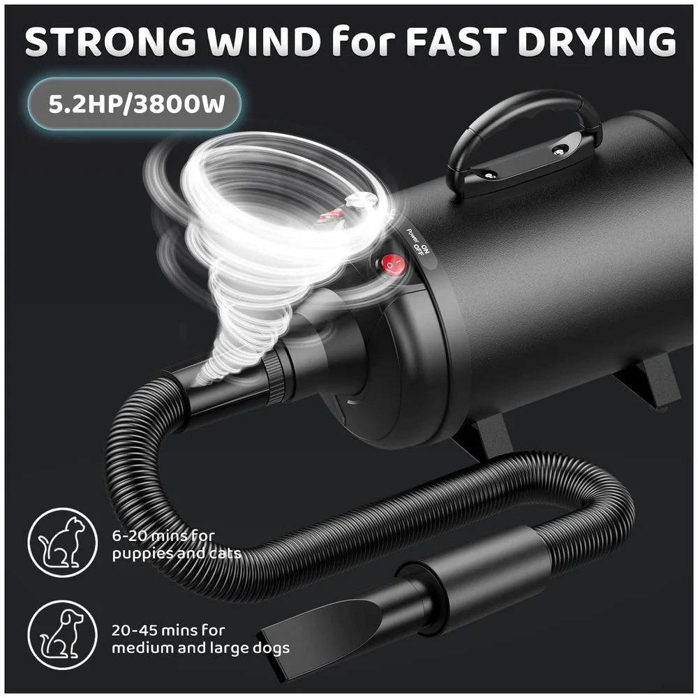Pet Hair Dryer, 5.2HP/ 3800W High Velocity Pet Blow Dryer with Heater for Grooming, Speed Temperature Adjustable Dog Blower Grooming Dryer with 3 Nozzles For Dogs And Cats.