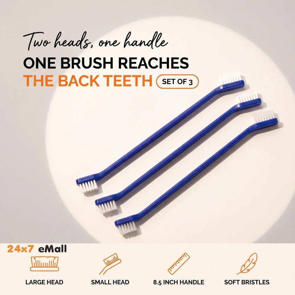 Dog Toothbrush Set of 3 – Dual Headed Dental Hygiene Brushes for Small to Large Dogs, Cats