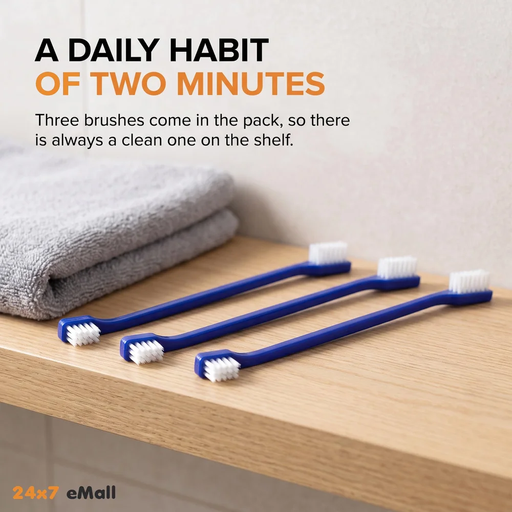 Dog Toothbrush Set of 3 – Dual Headed Dental Hygiene Brushes for Small to Large Dogs, Cats