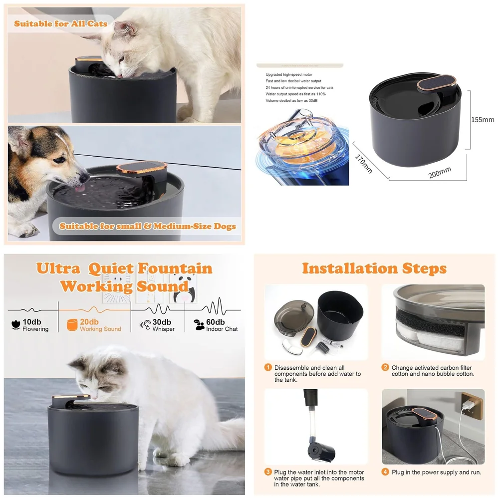 Pet Fountain Automatic Filter Bowl Black Round for Cats and Dogs