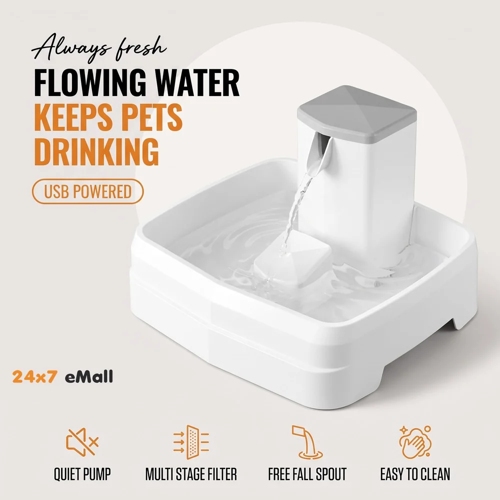 Pet Fountain Square, Automatic Cat & Dog Water Fountain with Filter, Ideal for Multiple Pets