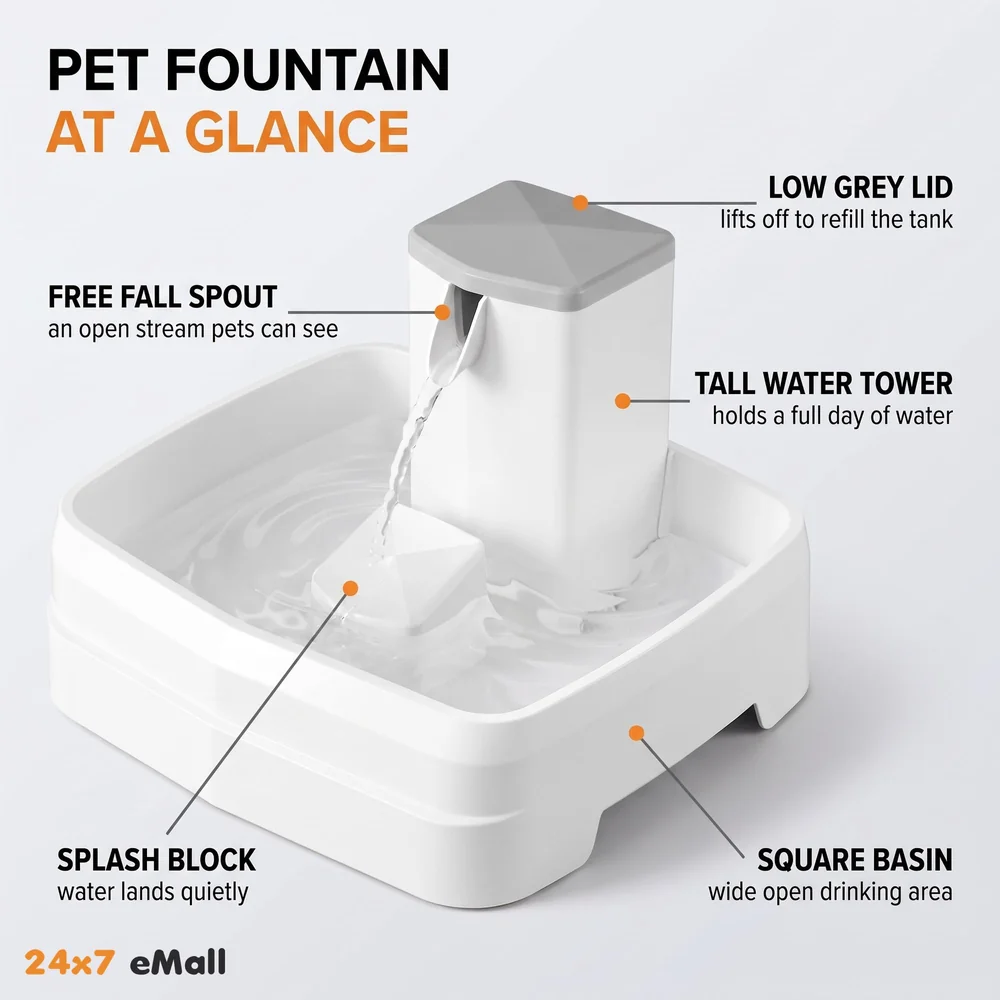 Pet Fountain Square, Automatic Cat & Dog Water Fountain with Filter, Ideal for Multiple Pets