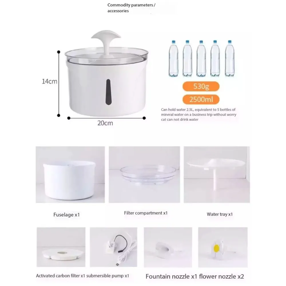 Pet Fountain Round with 2 Nozzles, Automatic Cat Water Fountain Filter Pet Bowl Water Dispenser for Cats, Dogs, Cat Fountain 2.5 Liters
