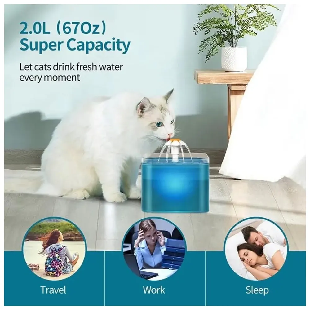 Cat Fountain with LED Light and Filter Automatic Pet Water Fountain for Constant Clean and Runnning Water Cyan Flower Flow - 16 x 16 x 12 Cm