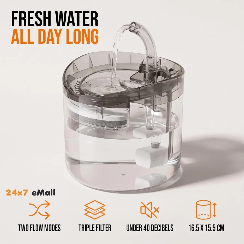 Cat Fountain Transparent Round with Filter Automatic Pet Fountain for Constant Clean and Runnning Water 2 Flow Design - 16.5 x 15.5 Cm