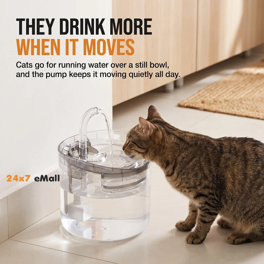 Cat Fountain Transparent Round with Filter Automatic Pet Fountain for Constant Clean and Runnning Water 2 Flow Design - 16.5 x 15.5 Cm