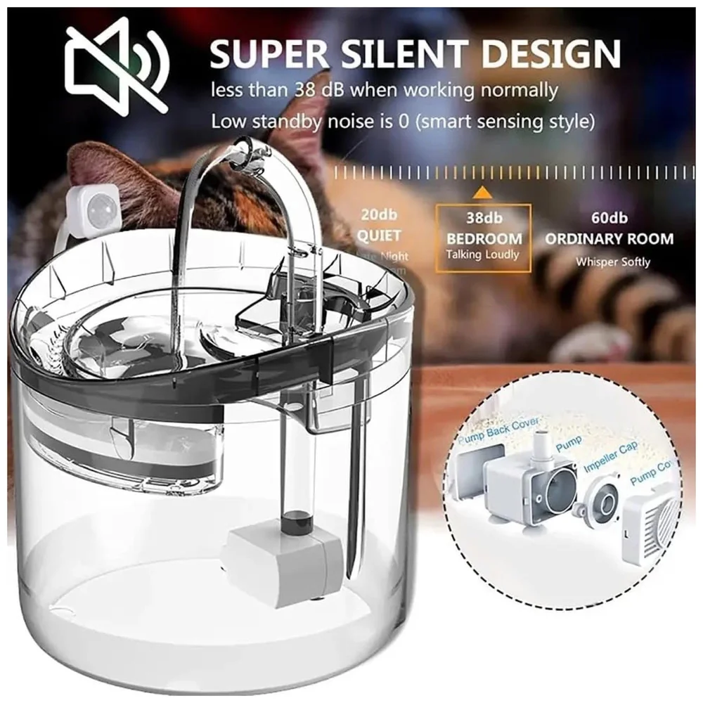 Cat Fountain Transparent Round with Filter Automatic Pet Fountain for Constant Clean and Runnning Water 2 Flow Design - 16.5 x 15.5 Cm