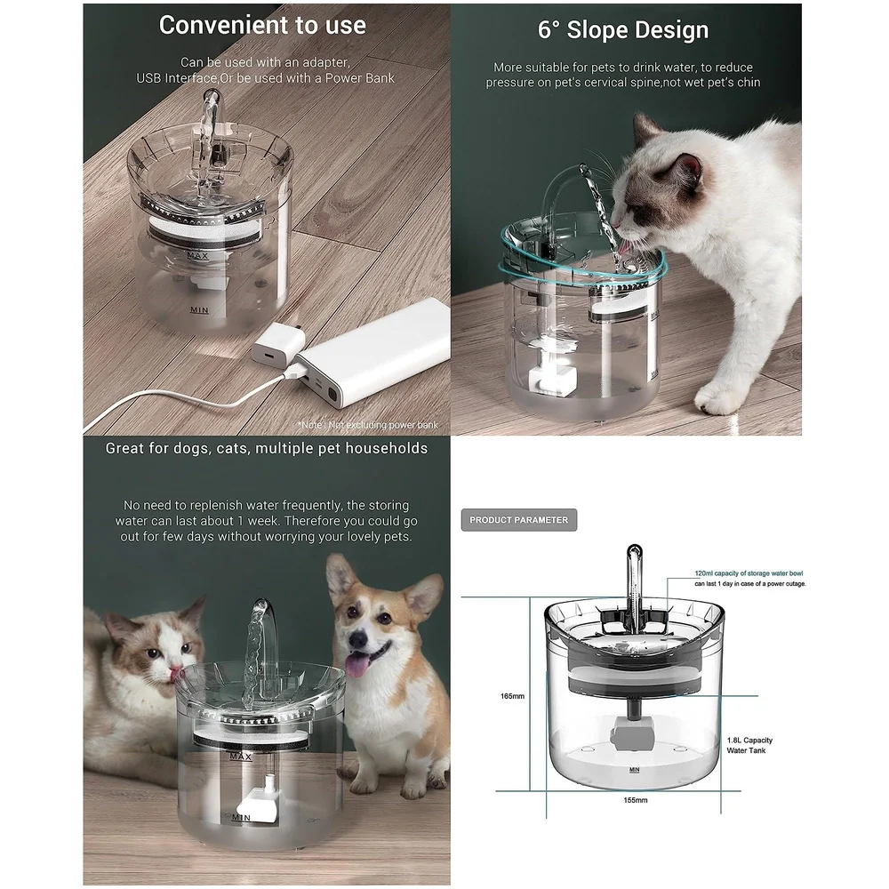 Cat Fountain Transparent Round with Filter Automatic Pet Fountain for Constant Clean and Runnning Water 2 Flow Design - 16.5 x 15.5 Cm