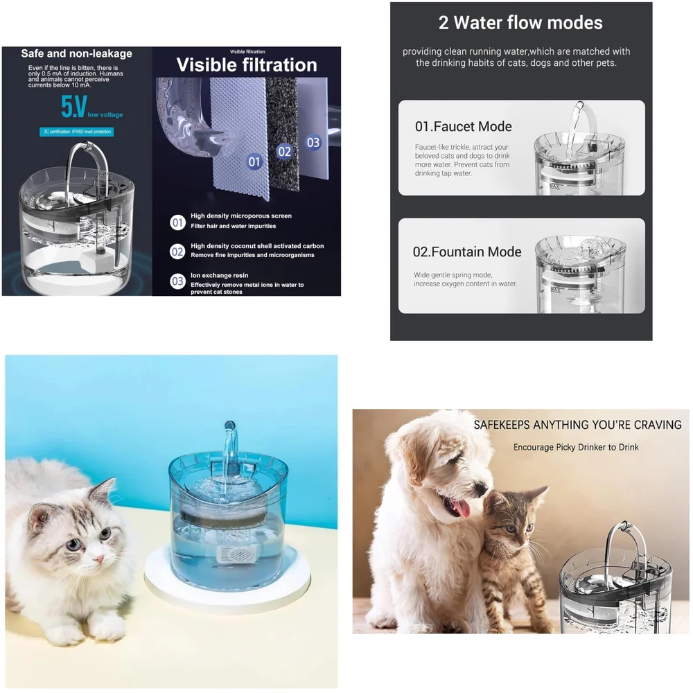 Cat Fountain Transparent Round with Filter Automatic Pet Fountain for Constant Clean and Runnning Water 2 Flow Design - 16.5 x 15.5 Cm