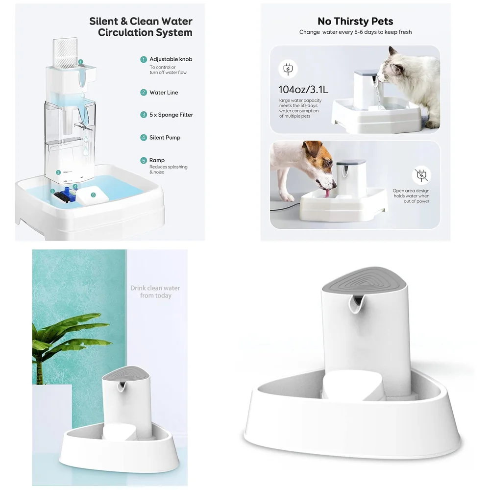Pet Fountain Square White Automatic Filter for Cats Dogs Pets