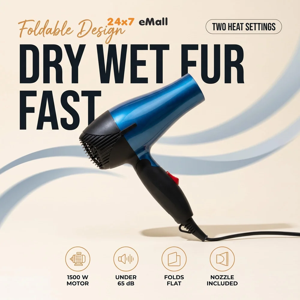Pet 1500 Watts Hair Dryer Dog Cat Bath Wet Water Fast Drying Grooming Blower Made Specially For Pets Fur 2 Settings With Attachment And Plug Foldable Design-Blue