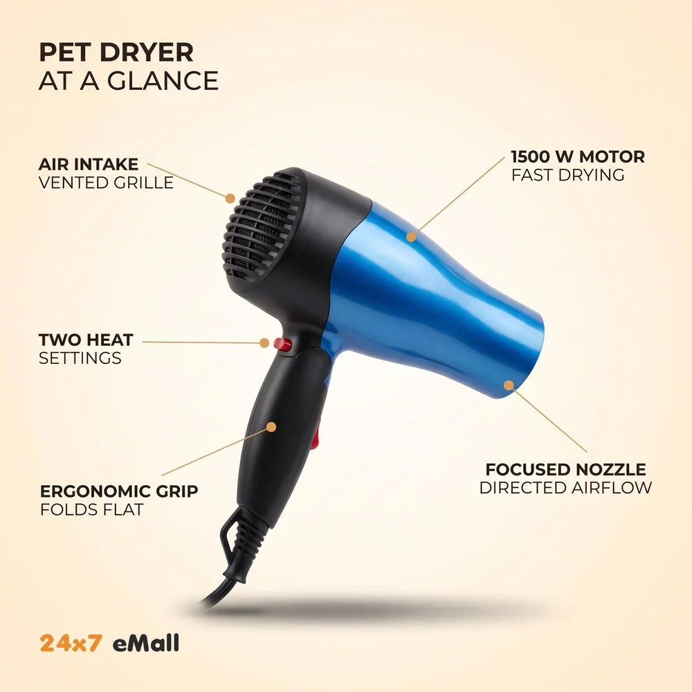 Pet 1500 Watts Hair Dryer Dog Cat Bath Wet Water Fast Drying Grooming Blower Made Specially For Pets Fur 2 Settings With Attachment And Plug Foldable Design-Blue